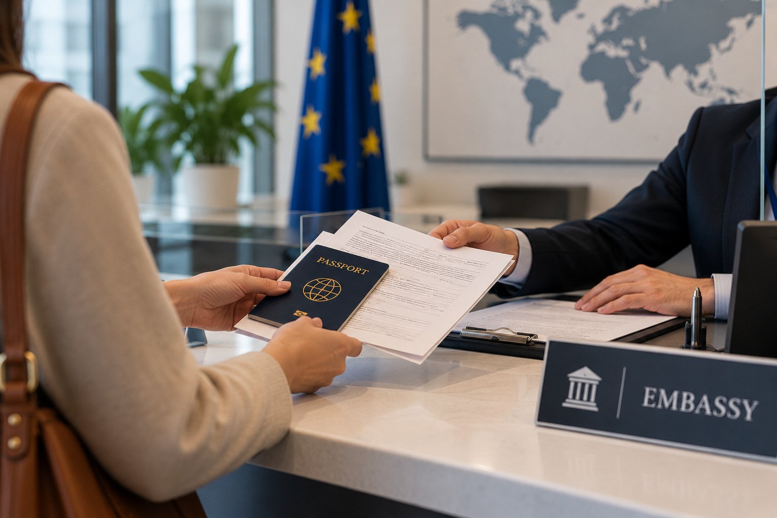 Applicant submitting nationality documents at an embassy desk.