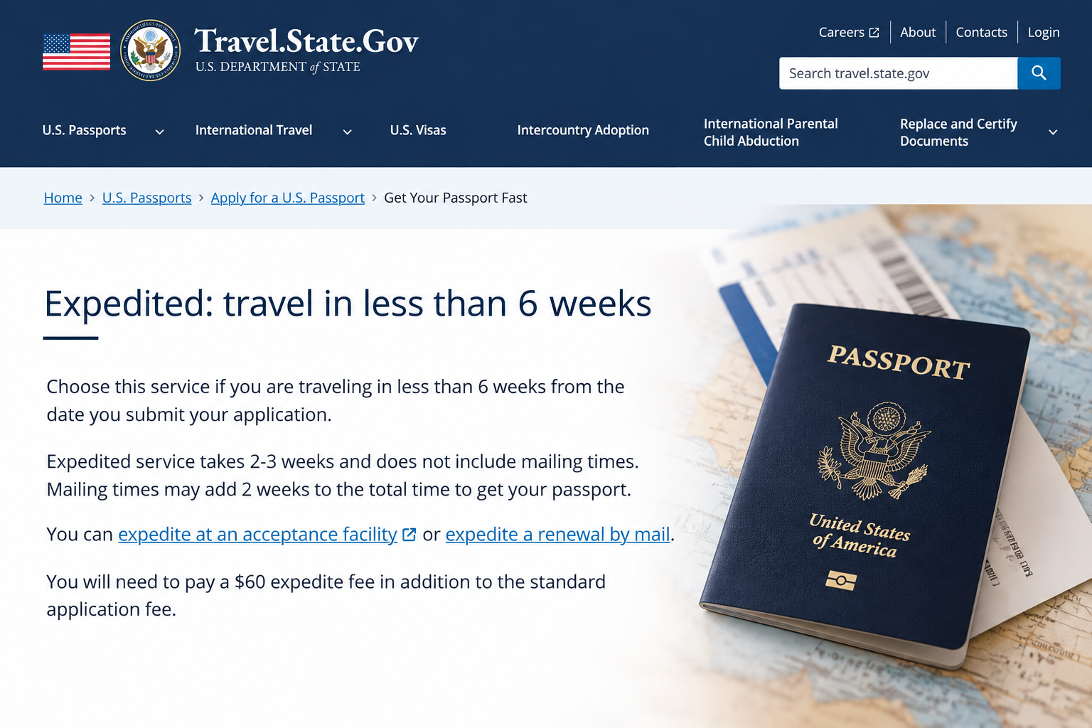 Expedited US passport service and delivery fees listed on the State Department website.
