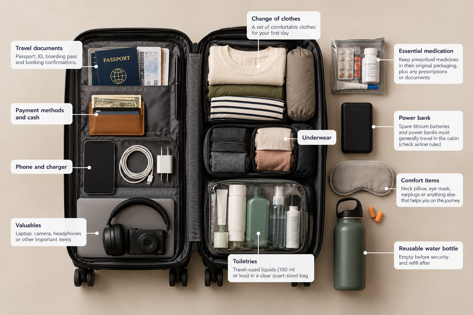 Carry-on bag contents laid out and labelled.