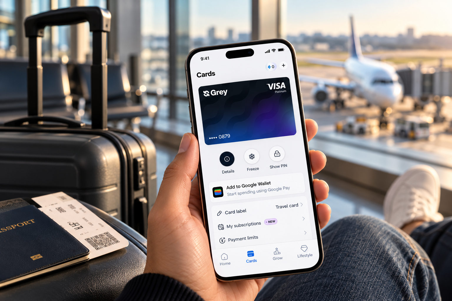 Grey virtual card displayed on a phone while travelling.