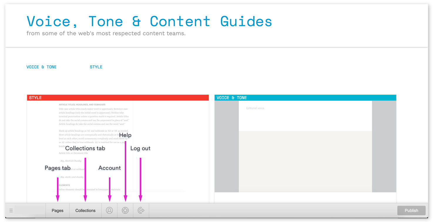 The Editor panel with tabs for pages, Collections, account settings, help content, and a log out button