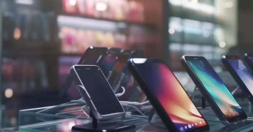 a group of cell phones on display