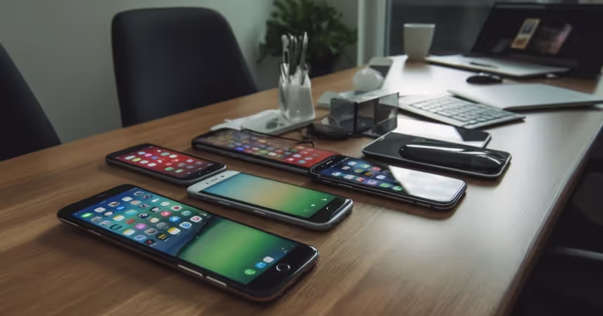 a group of cell phones on a table