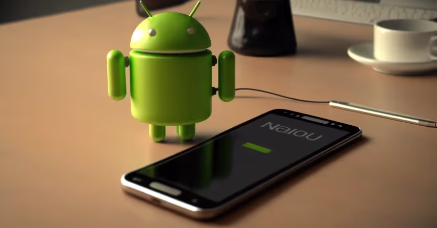 a green robot next to a cell phone