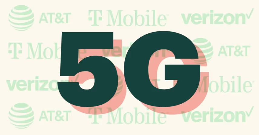 a close up of a 5g logo with cell phone company logos in the background
