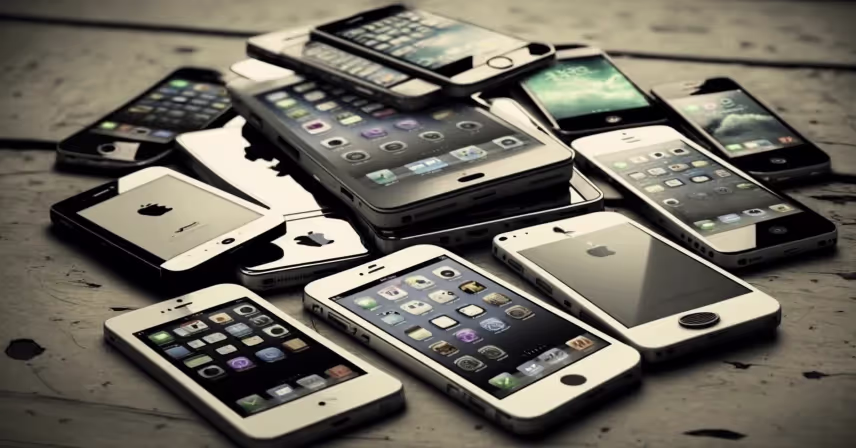 a pile of apple iphones on a table