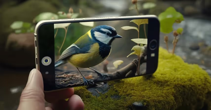 person holding a phone and taking a picture of a bird