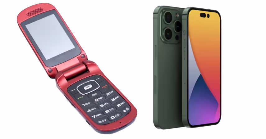 a flip phone next to a smart phone