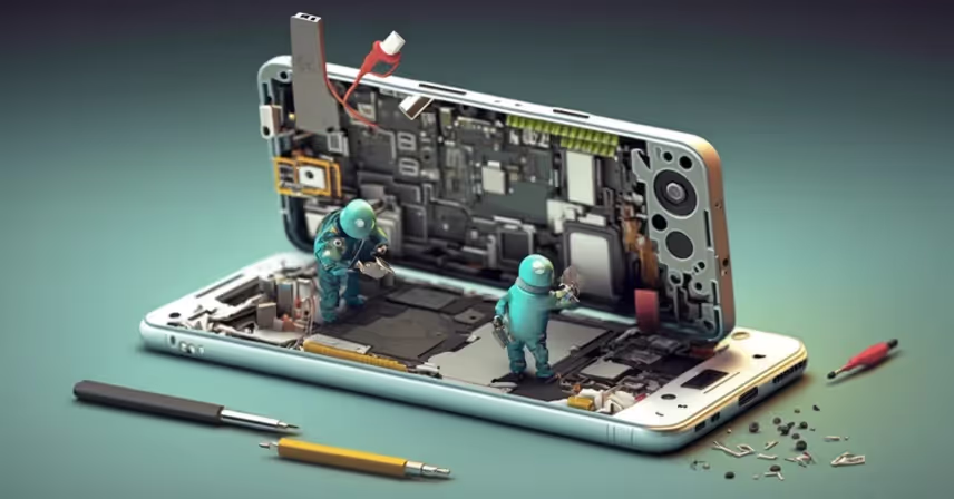 two toy robots working to fix a cell phone