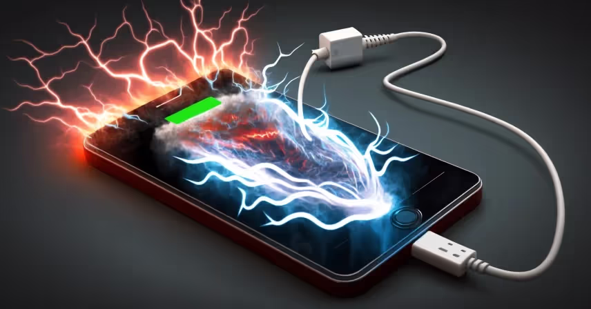 a cell phone charging with lightning coming out of the screen