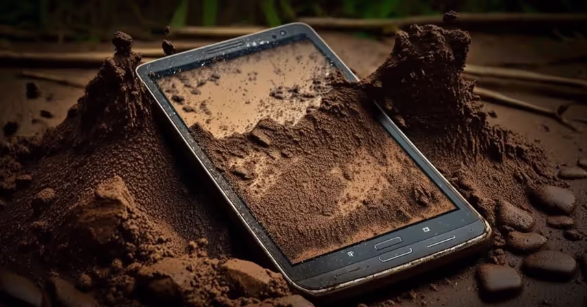 a cell phone with dirt on the ground