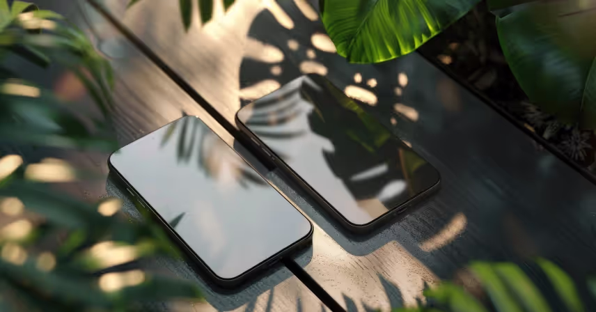 two modern cell phones on a rustic wooden table