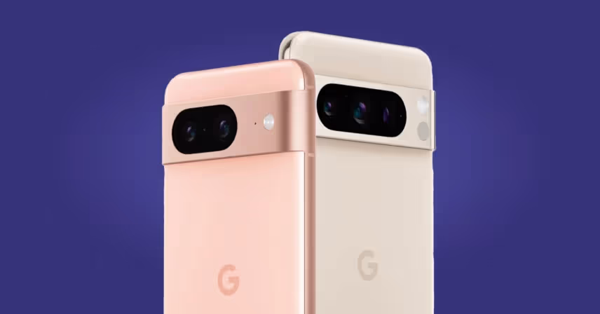 a pixel 8 phone and pixel 8 pro phone against a purple background