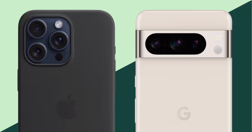 iPhone 15 Pro Max and Google Pixel 8 Pro displayed against a split green background