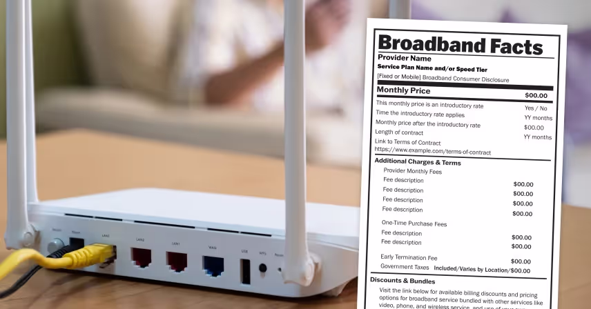 A white wireless router with antennas is on a table with a yellow ethernet cable plugged in. A document titled "Broadband Facts" lists pricing and terms for a broadband service provider, including monthly price, additional charges, and term lengths.