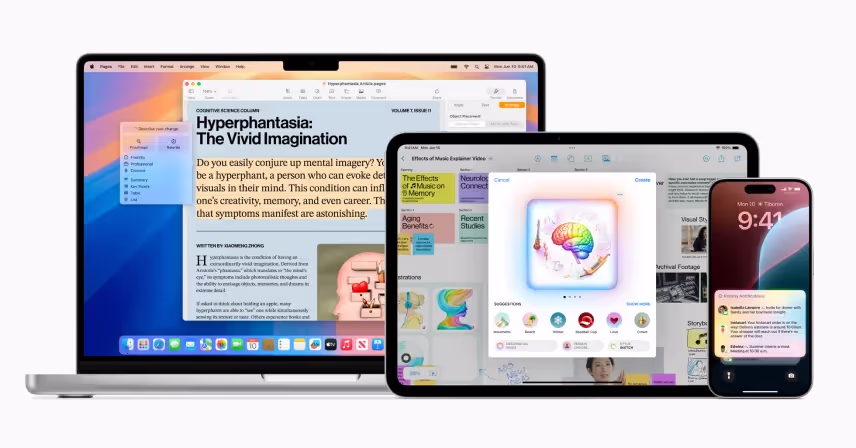 Three Apple devices: a MacBook displaying a text article, an iPad showing a colorful app interface, and an iPhone with its home screen.