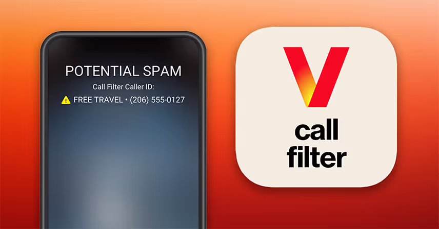 A smartphone displays a spam call warning on the left, with the Verizon Call Filter logo prominently featured on the right.