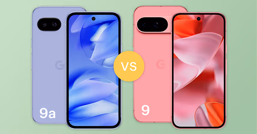 Visual comparison of Pixel 9a on the left and Pixel 9 on the right.