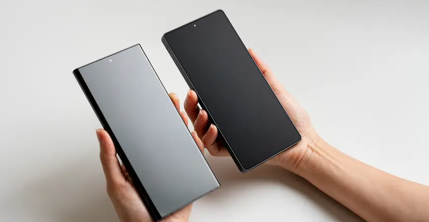 close-up of a person's hand holding a black smartphone vertically, with the thumb resting on the side of the phone