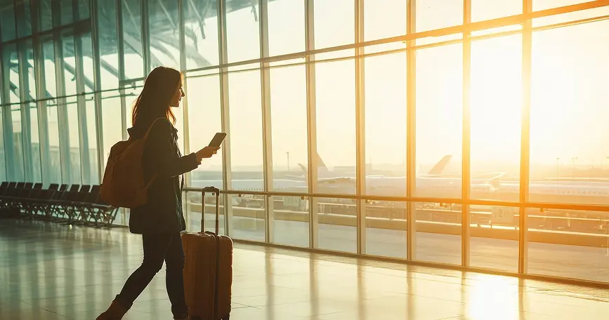 a person sitting in a chair at an airport looking at a phone