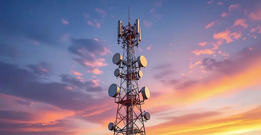 a tower with satellite dishes and a globe in the background