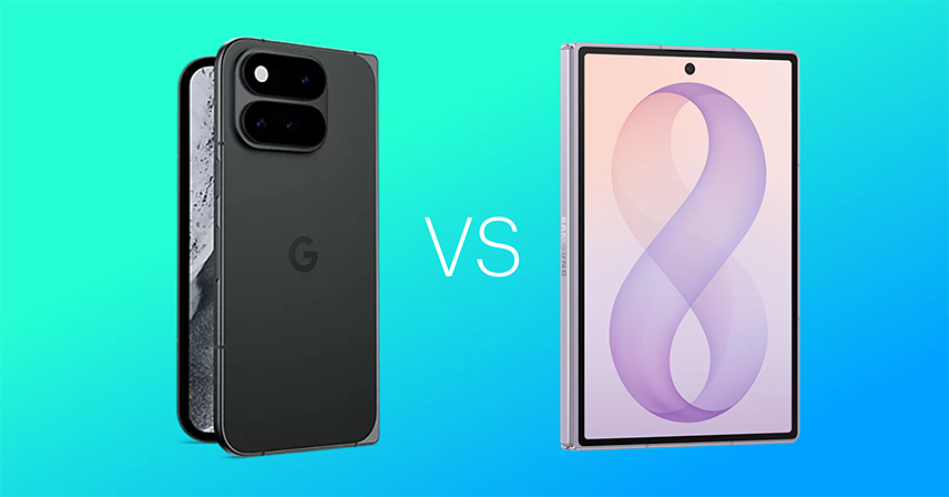 Side-by-side comparison of a Google Pixel 9 Pro on the left and a Samsung Galaxy Z Fold 6 on the right, both in front and rear views.
