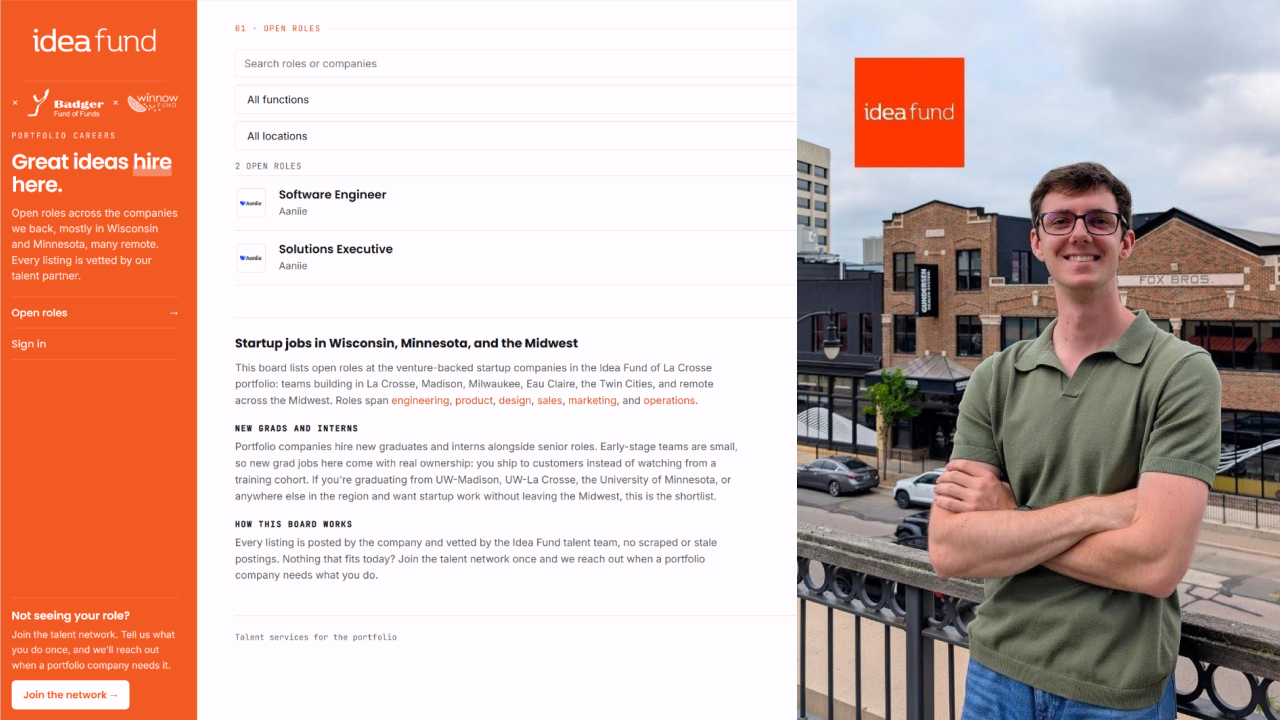 Travis Erath alongside a screenshot of the Idea Fund portfolio careers site he built, which lists open roles across the fund's startups