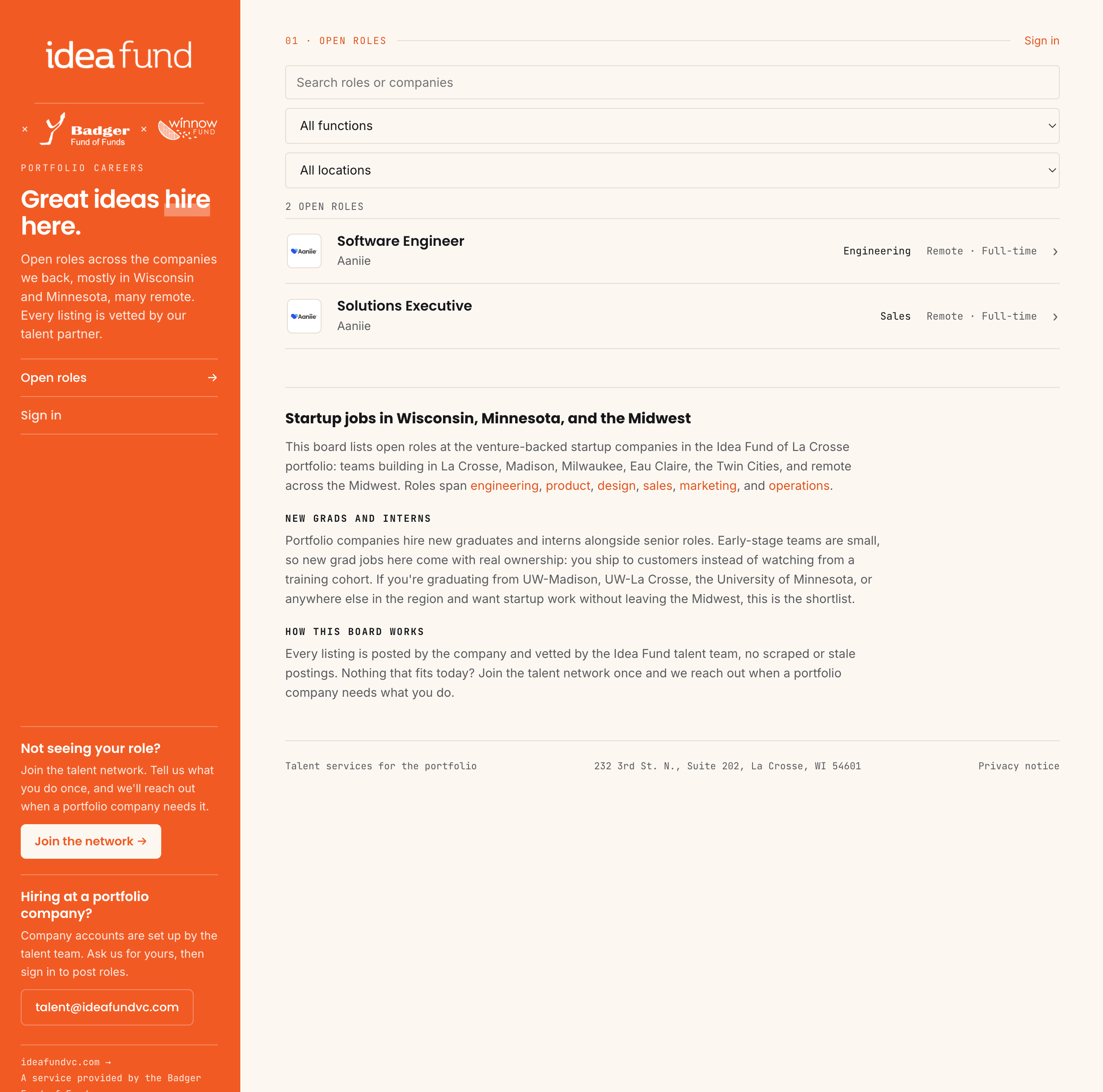 The Idea Fund of La Crosse portfolio careers site, showing two open roles at Aaniie, a Software Engineer and a Solutions Executive, both remote and full-time