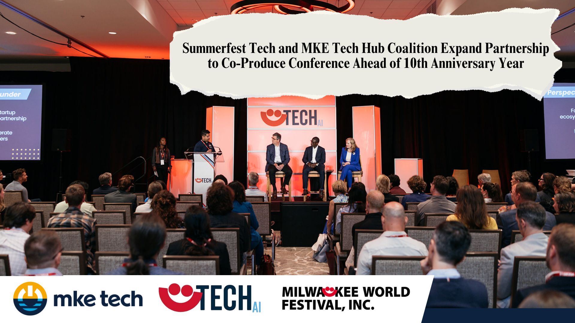 Summerfest Tech panel on stage before a full audience, with the MKE Tech Hub Coalition partnership announcement headline