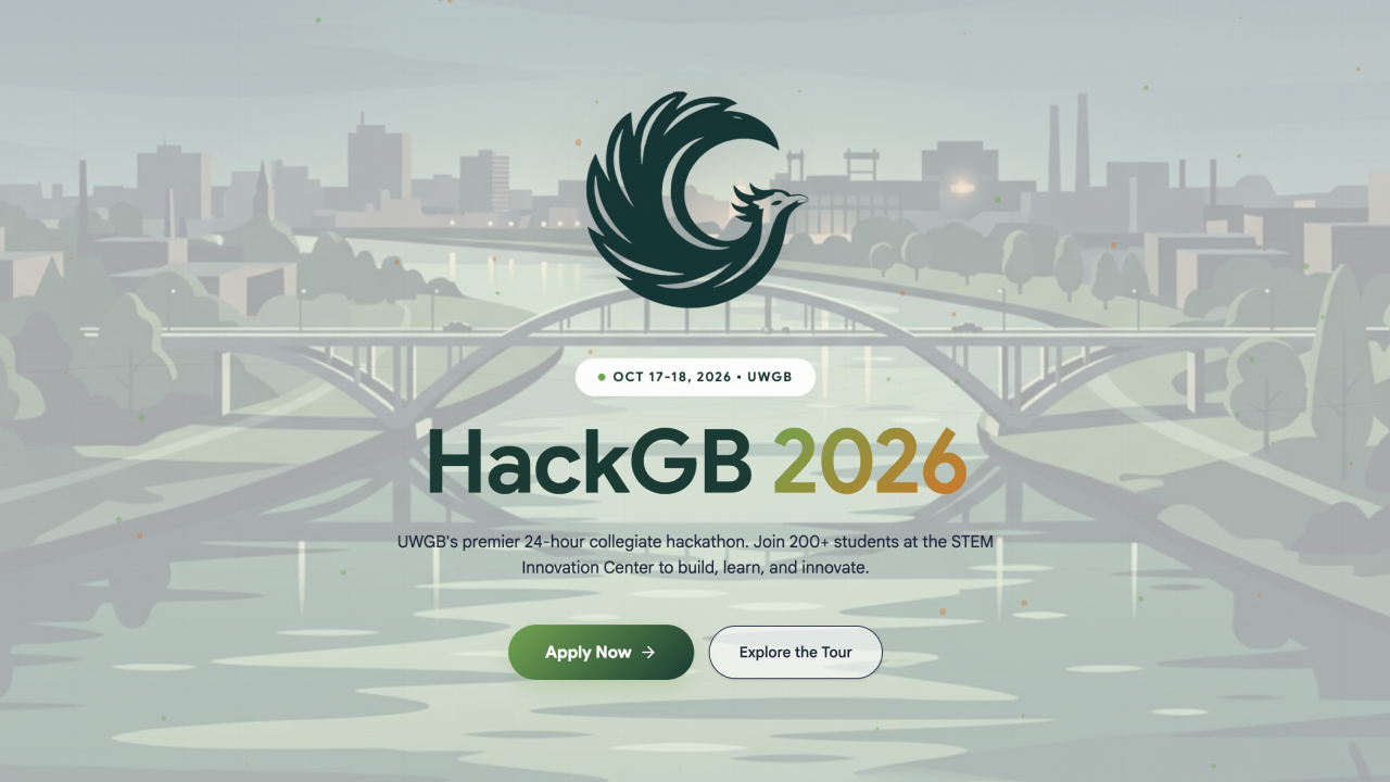 HackGB 2026 banner with a phoenix logo over an illustrated Green Bay riverfront and the dates October 17-18, 2026 at UWGB