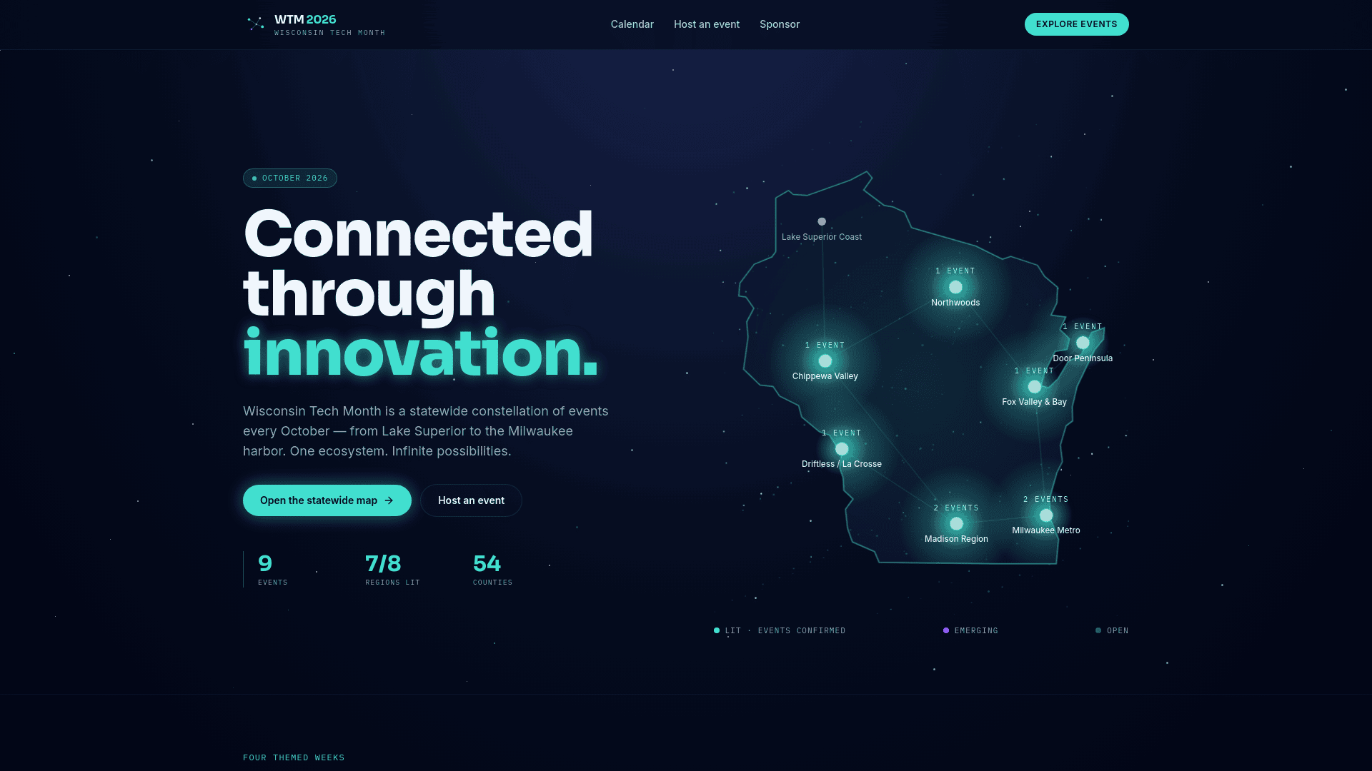 Wisconsin Tech Month 2026 homepage with the headline "Connected through innovation" beside a glowing map of Wisconsin marking event regions from Lake Superior to Milwaukee