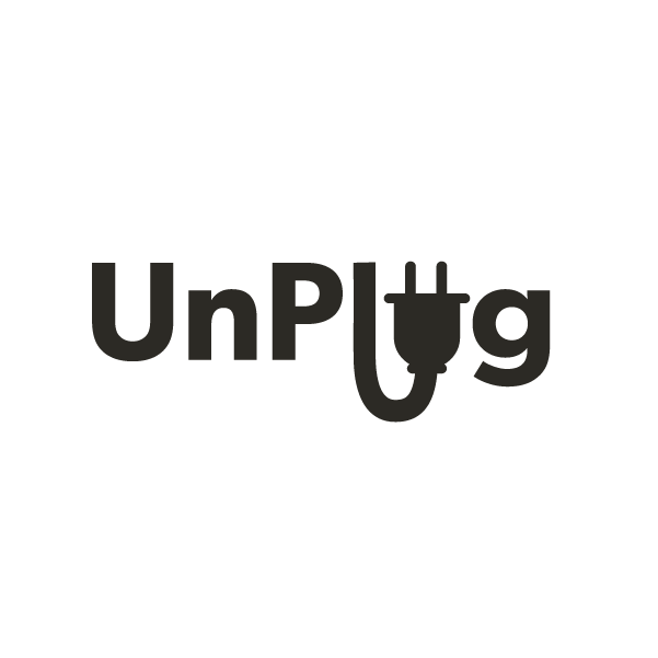 Unplug logo. The "L" and "U" are the shape of a wall plug.
