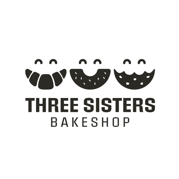 Three Sisters Bakeshop Logo: three smiley faces with pastries as their smiles.