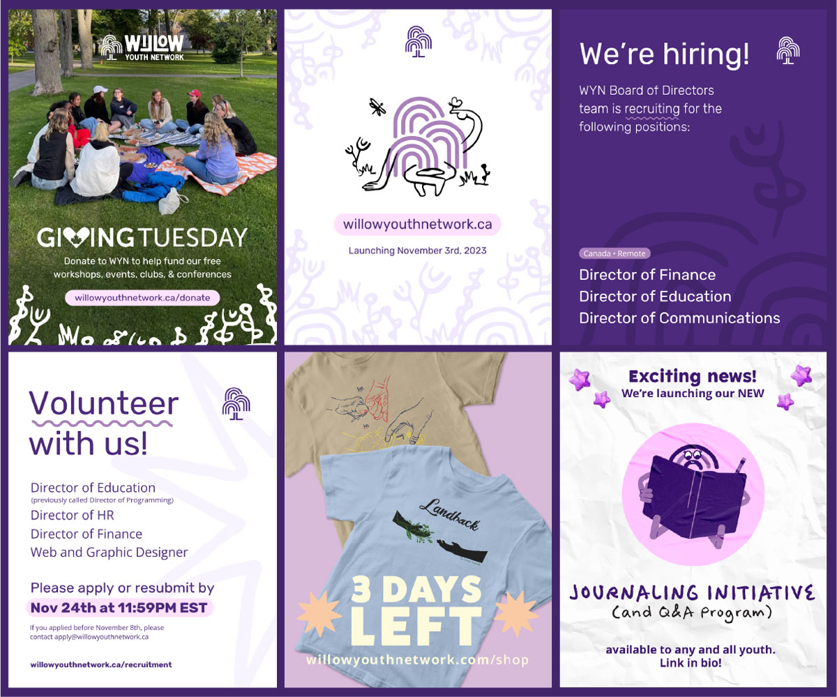 A collection of social media posts for Willow Youth Network, ranging from volunteer recruitment to fundraisers.