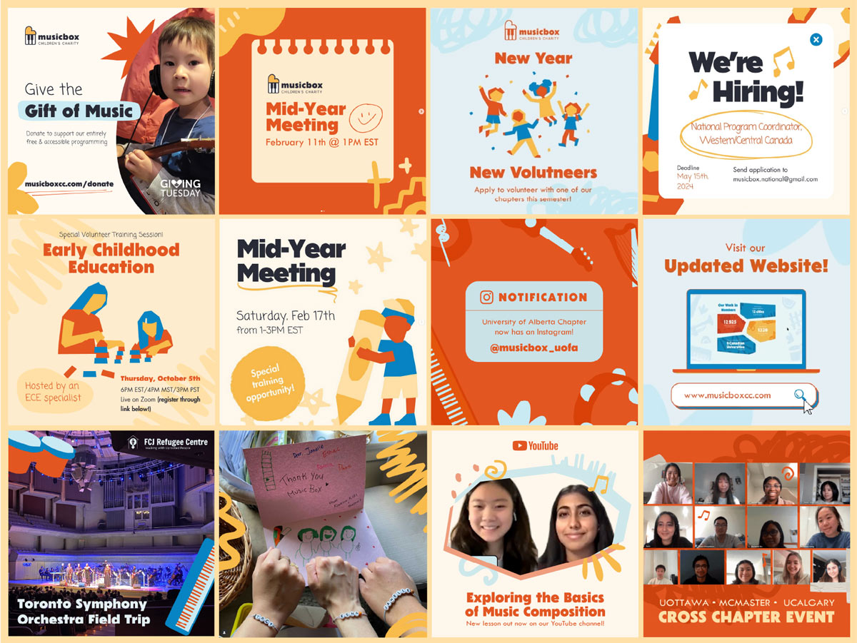 A collection of social media posts for MusicBox Children's Charity. Posts range from events, volunteer recruitment, fundraisers, to video announcements.