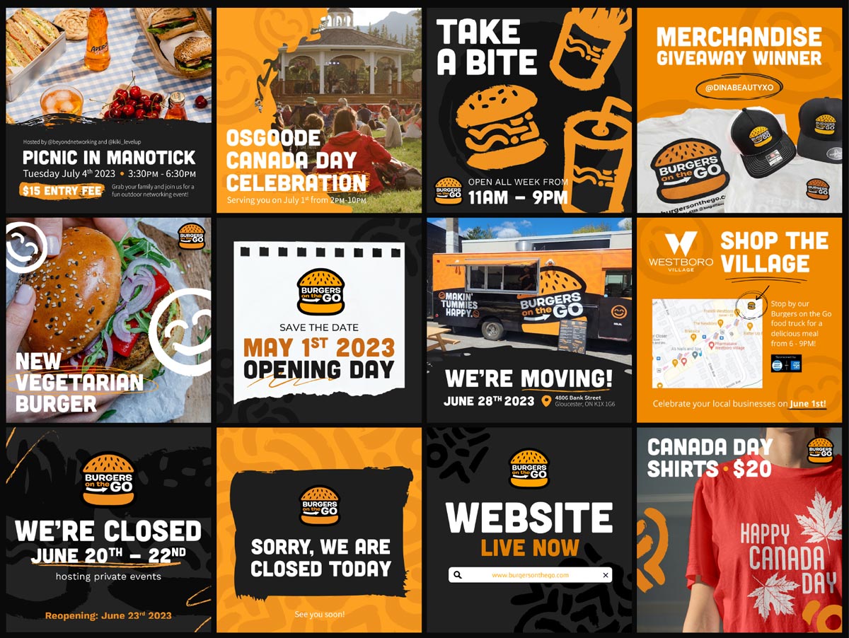 A collection of social media posts for Burgers on the Go foodtruck. Posts range from events to menu options. 