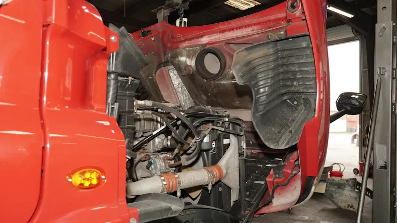 Engine diagnostics on a red heavy-duty truck with the hood open, exposing hoses, filters and engine components in the shop.