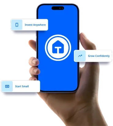Hand holding smartphone displaying Tirios app with investment features: Invest Anywhere, Start Small, and Grow Confidently