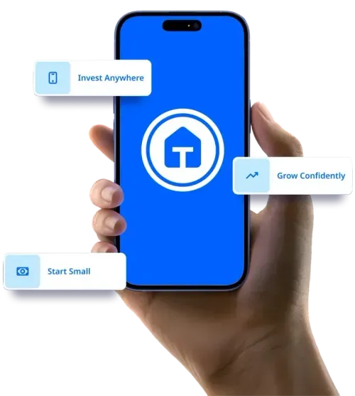 Hand holding smartphone displaying Tirios app with investment features: Invest Anywhere, Start Small, and Grow Confidently