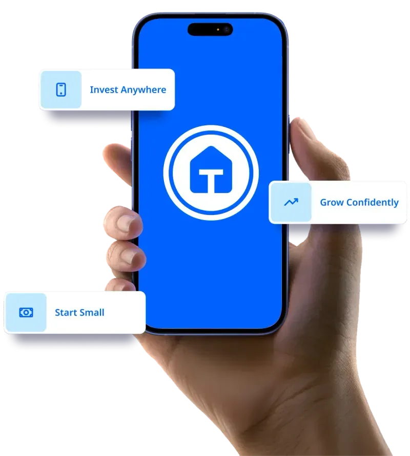 Hand holding smartphone displaying Tirios app with investment features: Invest Anywhere, Start Small, and Grow Confidently