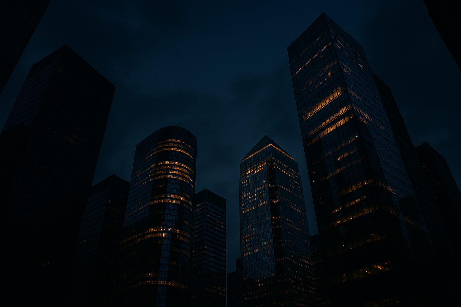 Financial district skyline at dusk in navy and gold tones