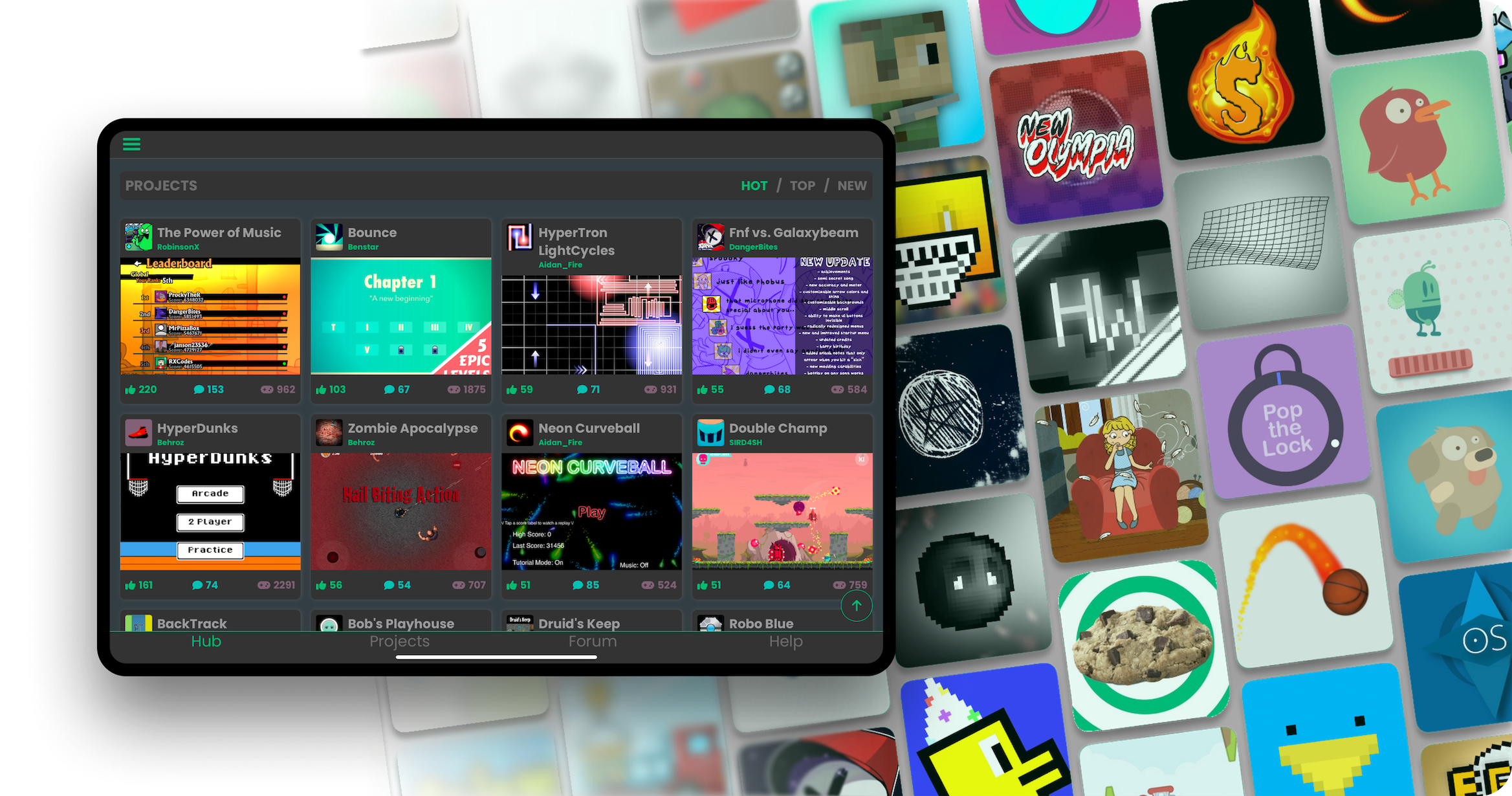 An iPad over a mosaic of games