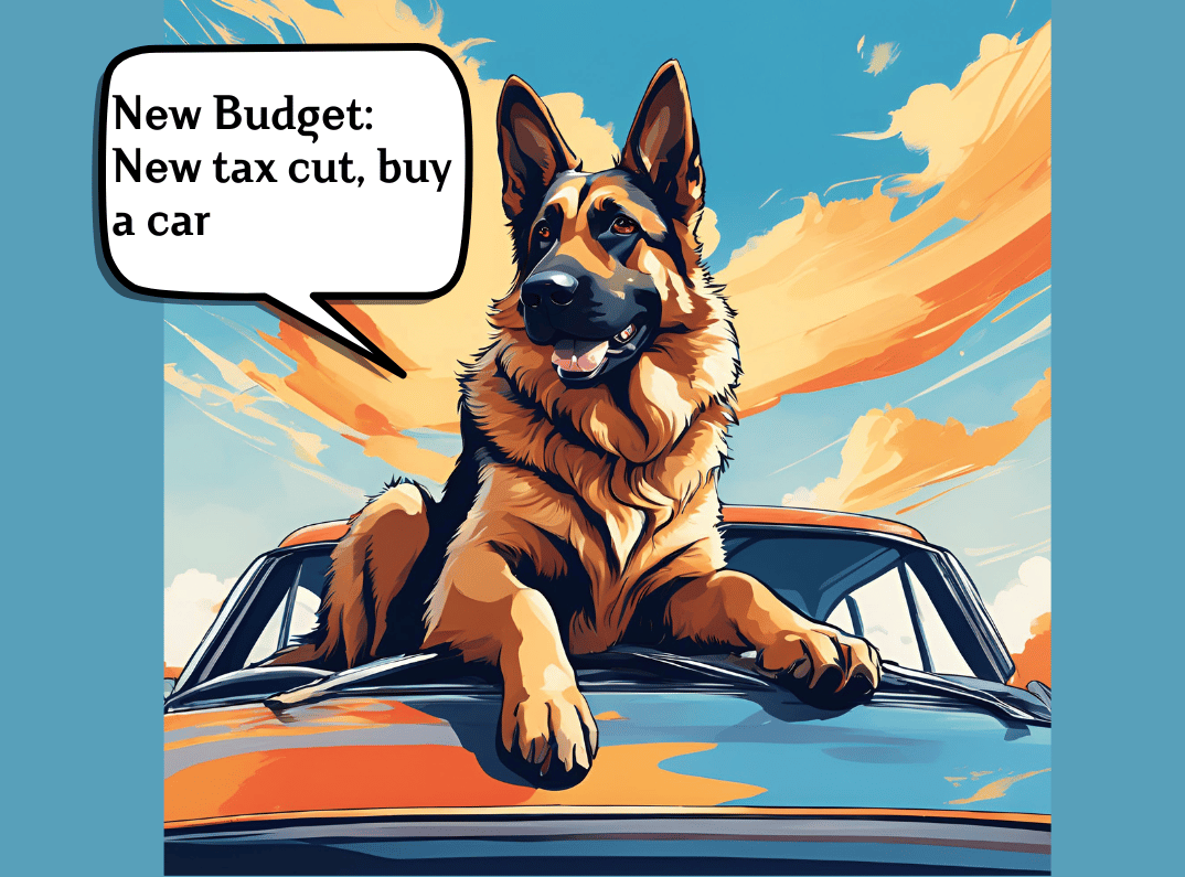 New car in front of a tax cut news.