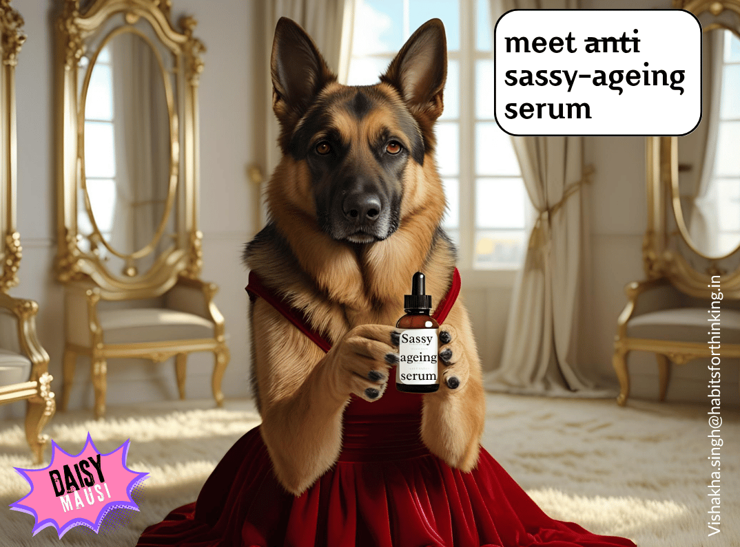 German Shepherd in red traditional dress holding a serum bottle in a luxurious room with mirrors, introducing 'Sassy-ageing serum'