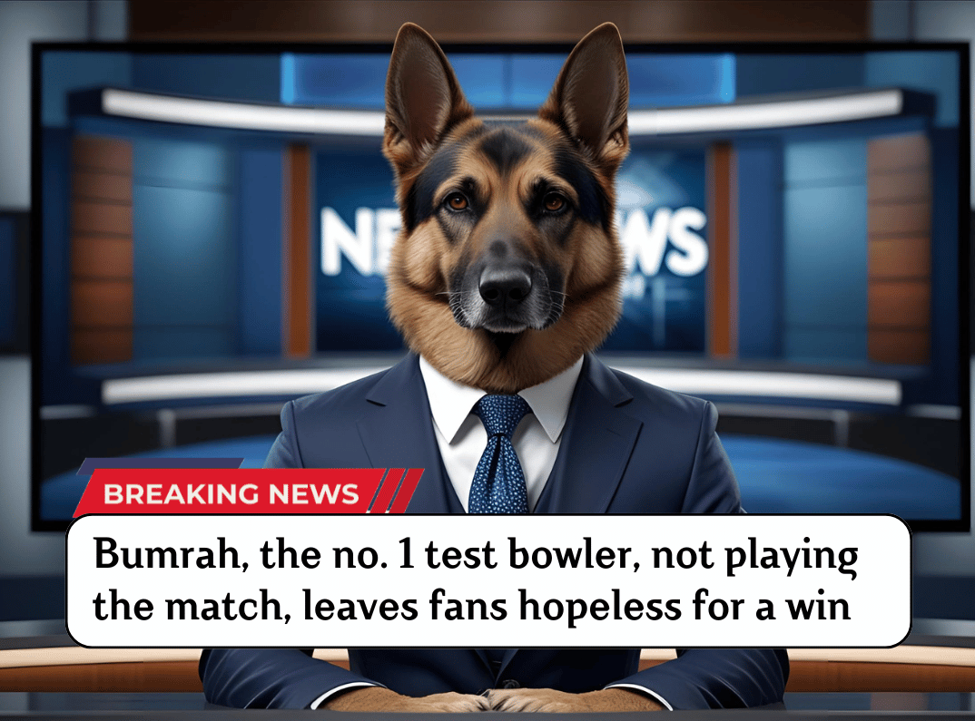 German Shepherd in a business suit sitting at a news desk with 'NEWS' displayed on screen behind, representing media speculation about cricket team without star bowler Bumrah