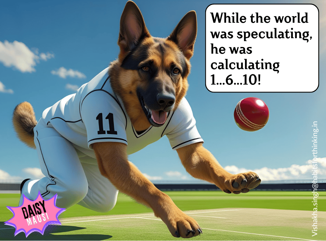 German Shepherd in white cricket uniform with number 11, mid-bowling action on a cricket field with a red cricket ball in the air, representing Akash Deep's match-winning performance