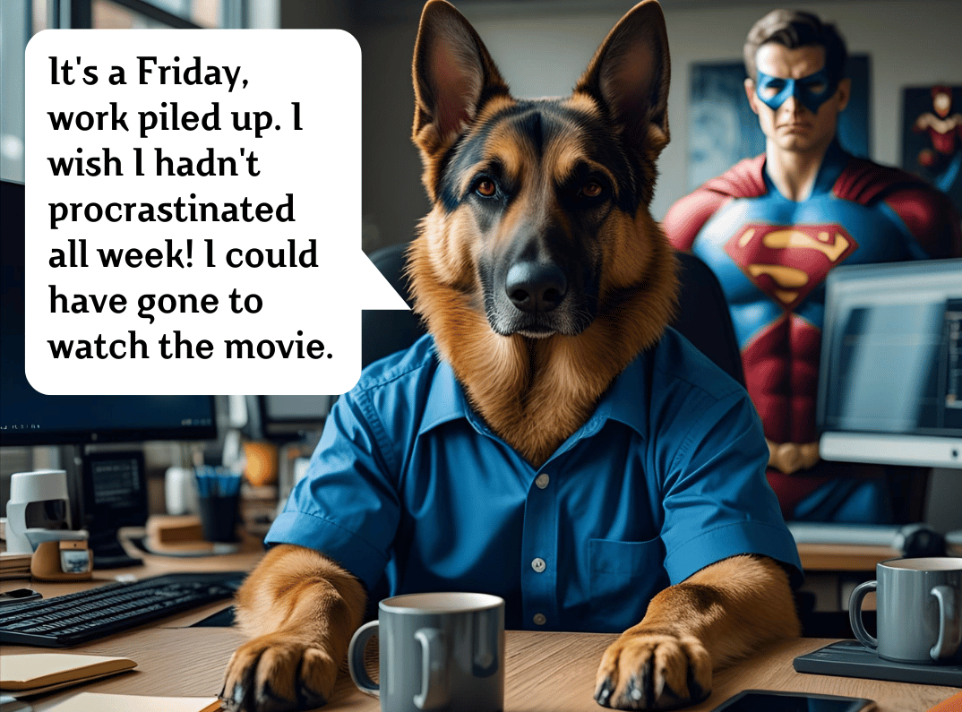 German Shepherd in business attire looking stressed at office desk with coffee mugs and computer, with Superman poster in background