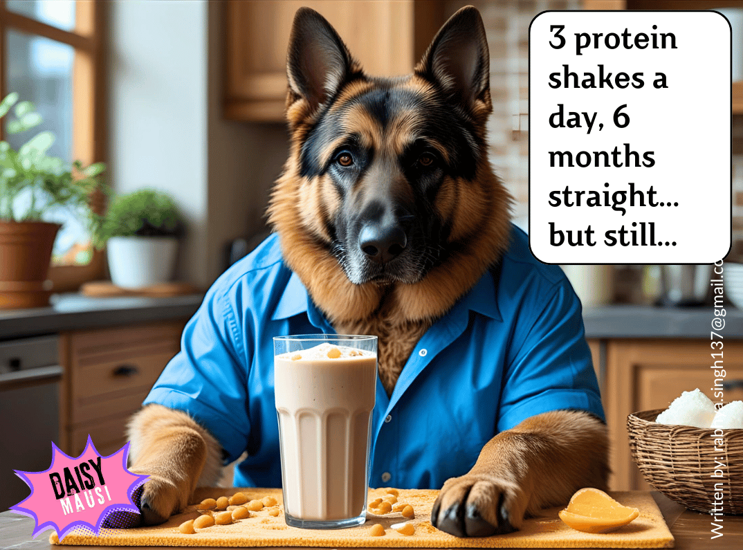 German Shepherd wearing a blue shirt sitting with a protein shake in a cozy kitchen