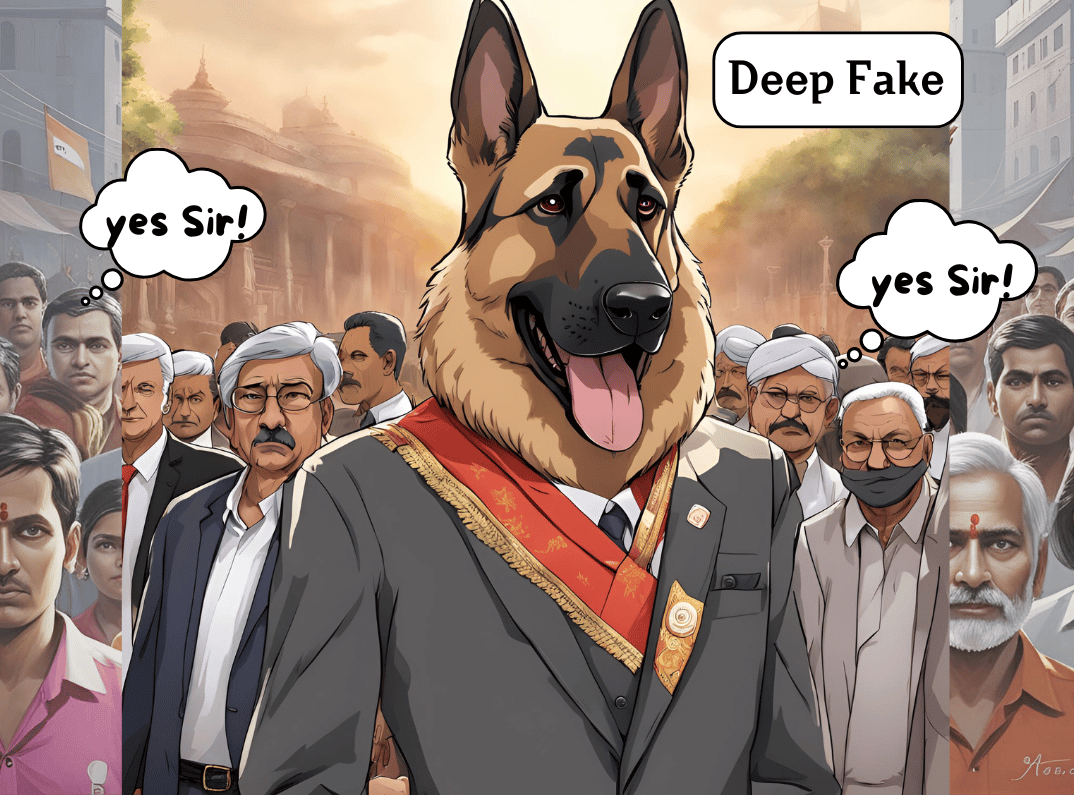 Daisy Mausi in a ceremonial leader suit surrounded by admirers, labeled 'Deep Fake', with a thought bubble saying 'Yes Sir'