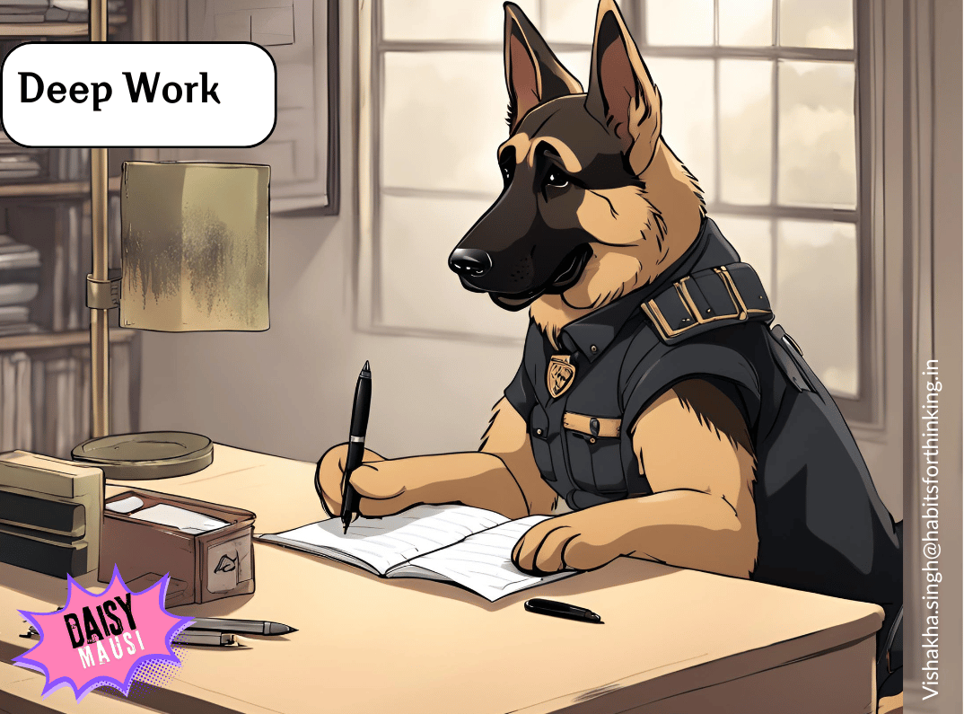 Daisy Mausi in uniform working quietly at a desk with books and papers, labeled 'Deep Work'